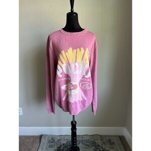 APPAREL K Unisex Pink Crew Neck Long Sleeve Strawberry Jacquard Sweater L/XL